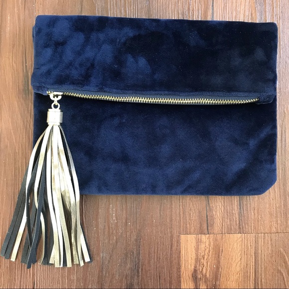 Merona Handbags - Merona navy blue velvet clutch with gold tassel